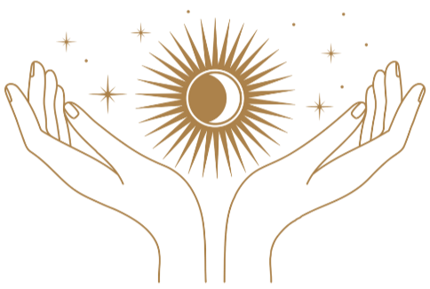 Two hands gently cupping a glowing moon surrounded by stars and radiating lines, all in gold outline style.