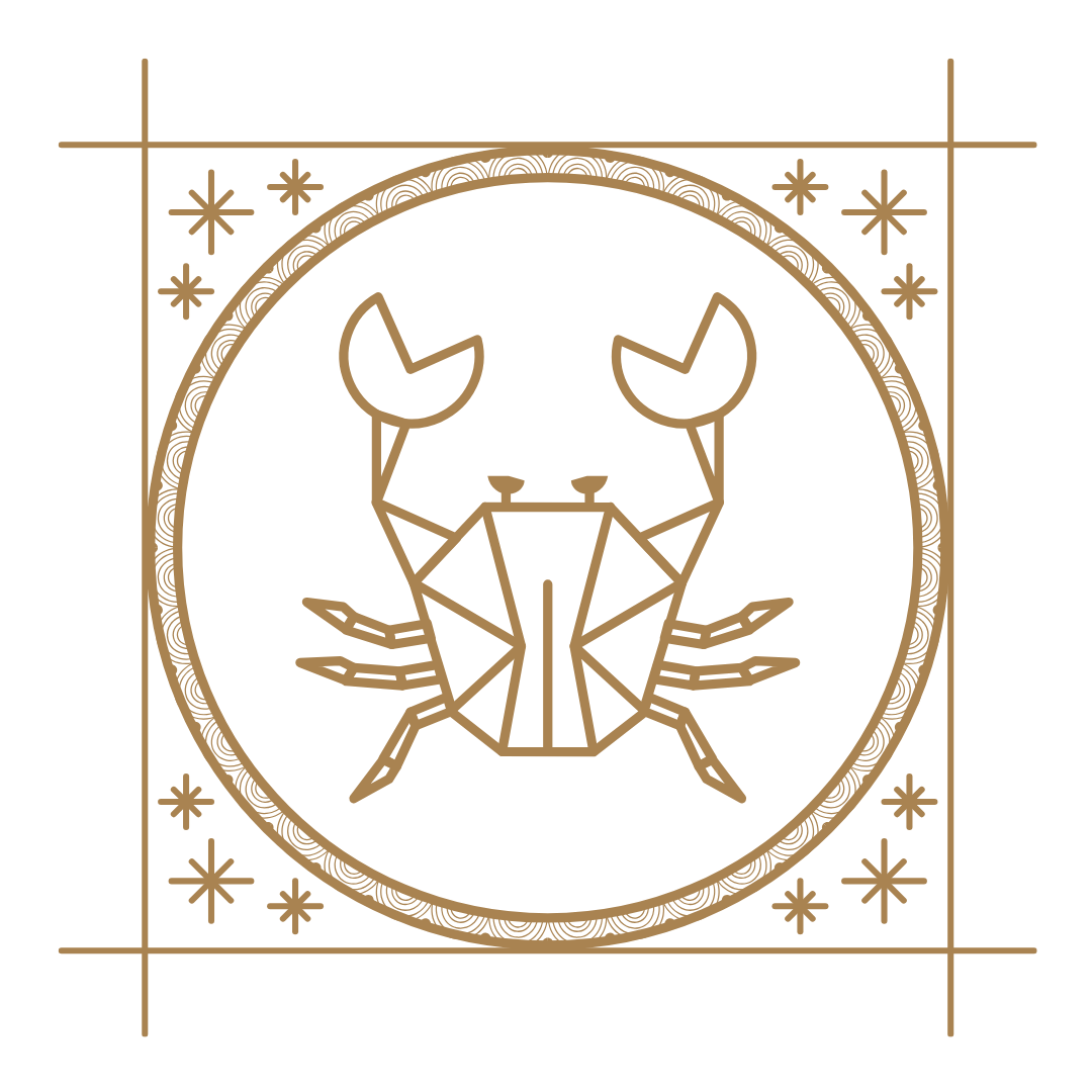 A geometric line art illustration of a crab with crescent moon shapes for eyes, placed inside a circular frame with decorative stars and square borders, all in a gold color on a black background.