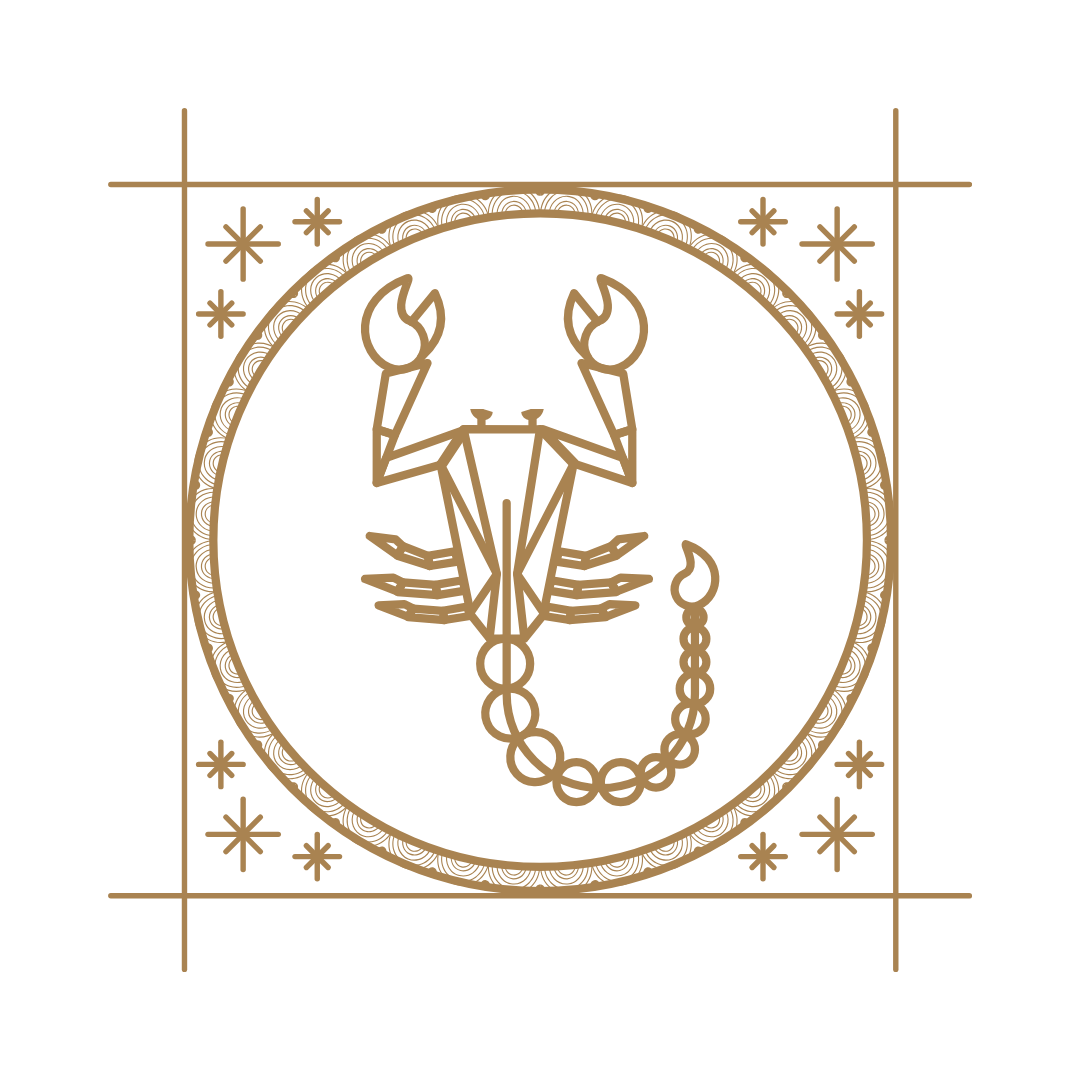 Stylized line drawing of a crab with flames on its claws, encircled by a decorative border with stars and geometric patterns.