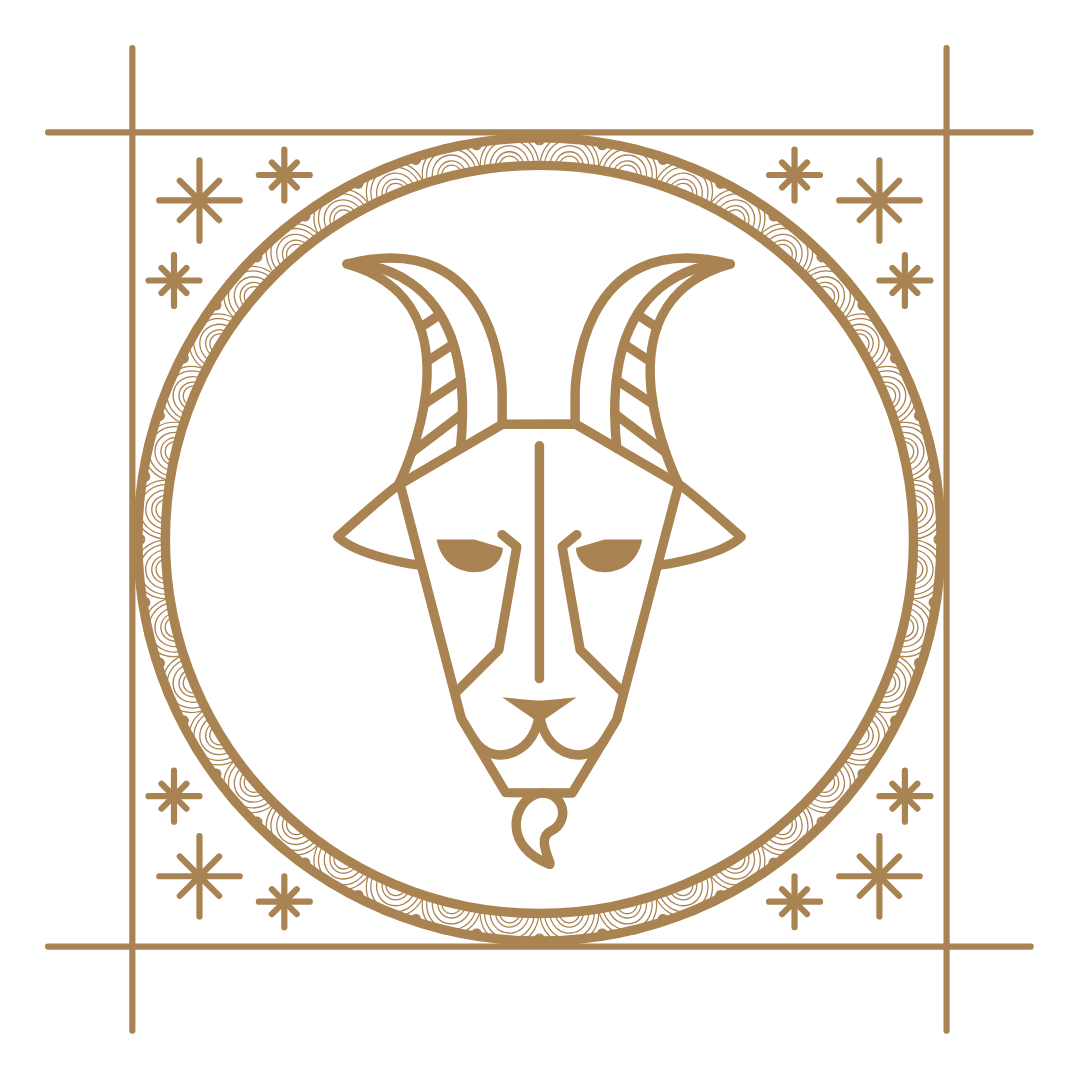 A stylized illustration of a goat's face with large curved horns inside a circular frame decorated with geometric patterns. The background is black with gold decorative stars in the corners.
