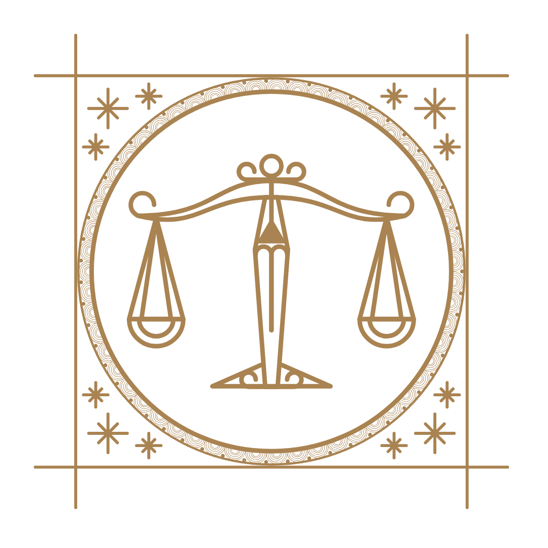 An ornate design featuring a balanced scale within a circle, surrounded by stars and decorative lines.