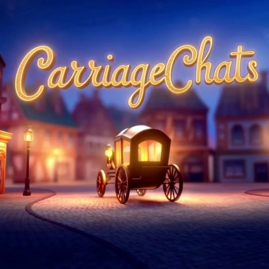 A vintage horse-drawn carriage illuminated with warm lights, set on a cobblestone street with old-fashioned street lamps in a historical town at dusk, and the words 'Carriage Chats' in illuminated lettering in the sky.