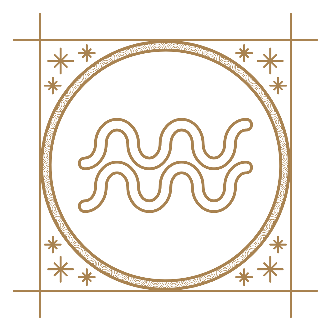 Gold decorative emblem with a circle containing wavy lines in the center, surrounded by star-like shapes and geometric borders on a black background.