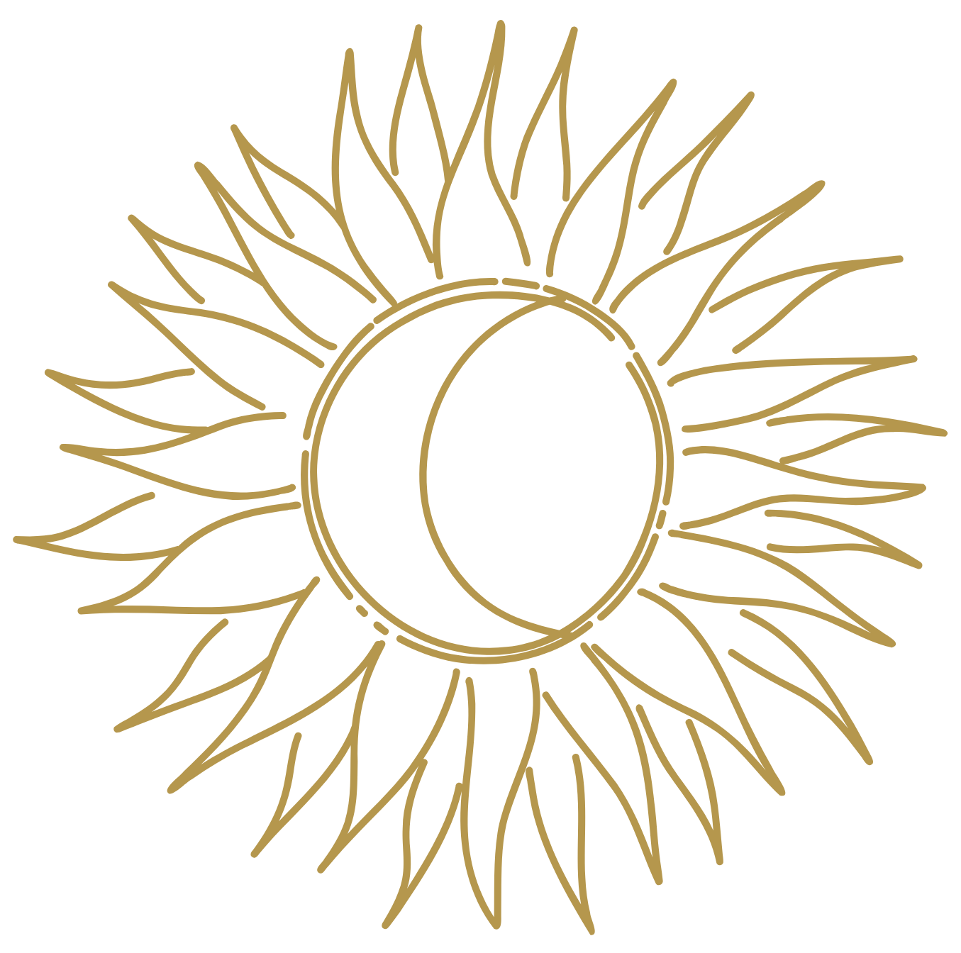 Gold outline illustration of a sunflower with a crescent moon in the center on a black background.