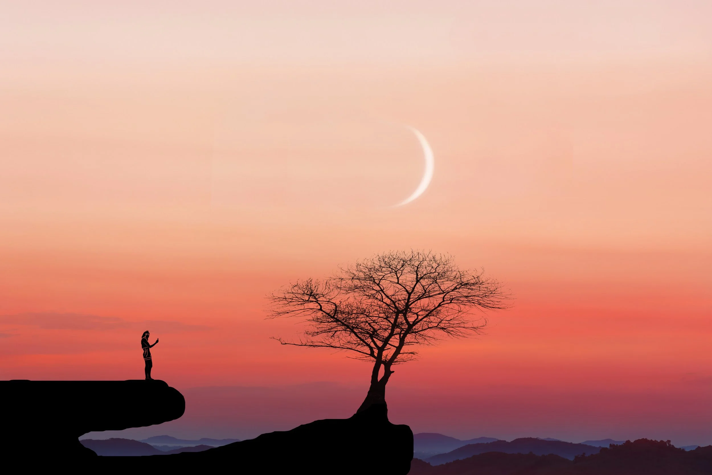 Silhouette of a person standing on a cliff at sunset, using a phone, with a leafless tree nearby and a crescent moon in a colorful sky