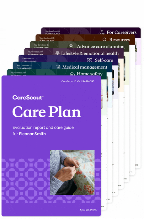 Front cover of a CarePlan booklet for Eleanor Smith with a purple background, featuring a photo of hands wrapping a package, and labeled with topics like care guide, medical management, home safety, self-care, and caregiving.