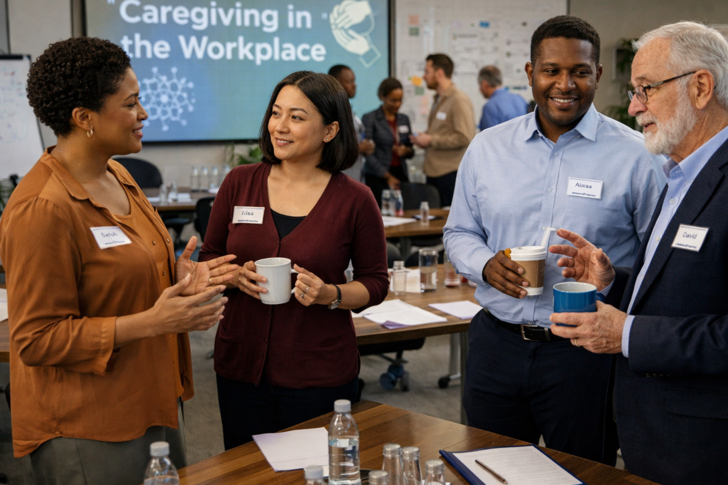 Four diverse professionals engaged in conversation at a workplace event with a presentation slide that reads 'Caregiving in the Workplace' in the background.