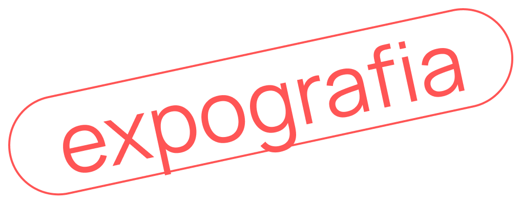 Texto em destaque com a palavra 'expografia' dentro de um elipse, com fundo preto e letras vermelhas.