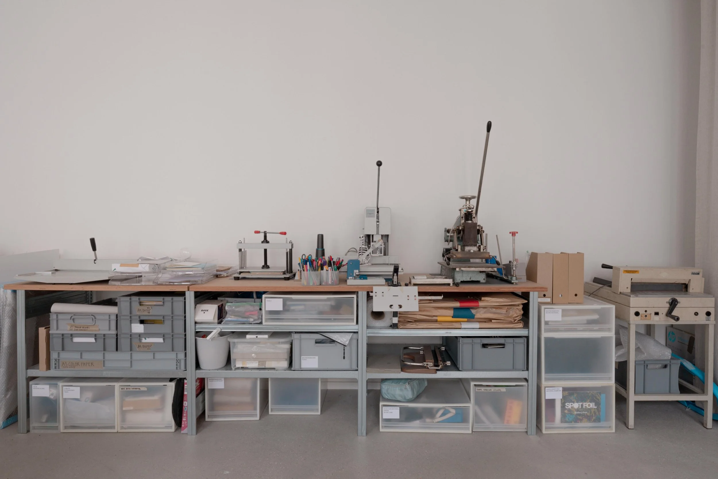 Interior photos of bacbonebooks' studio, Berlin.