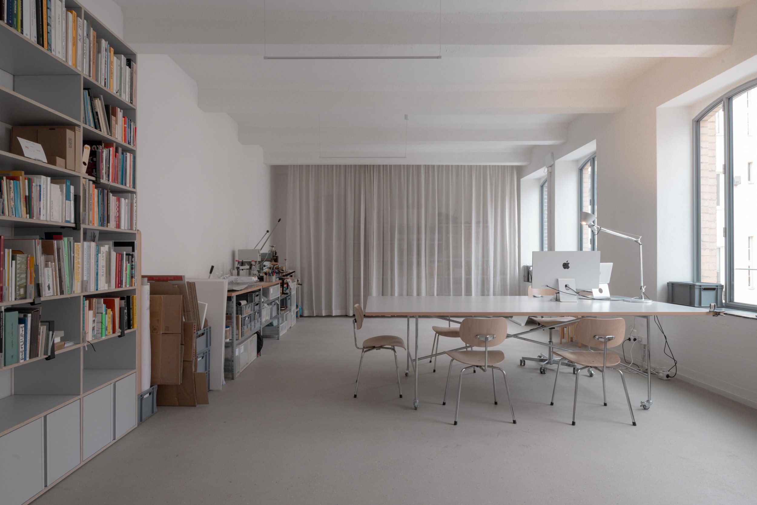 Interior photos of bacbonebooks' studio, Berlin.