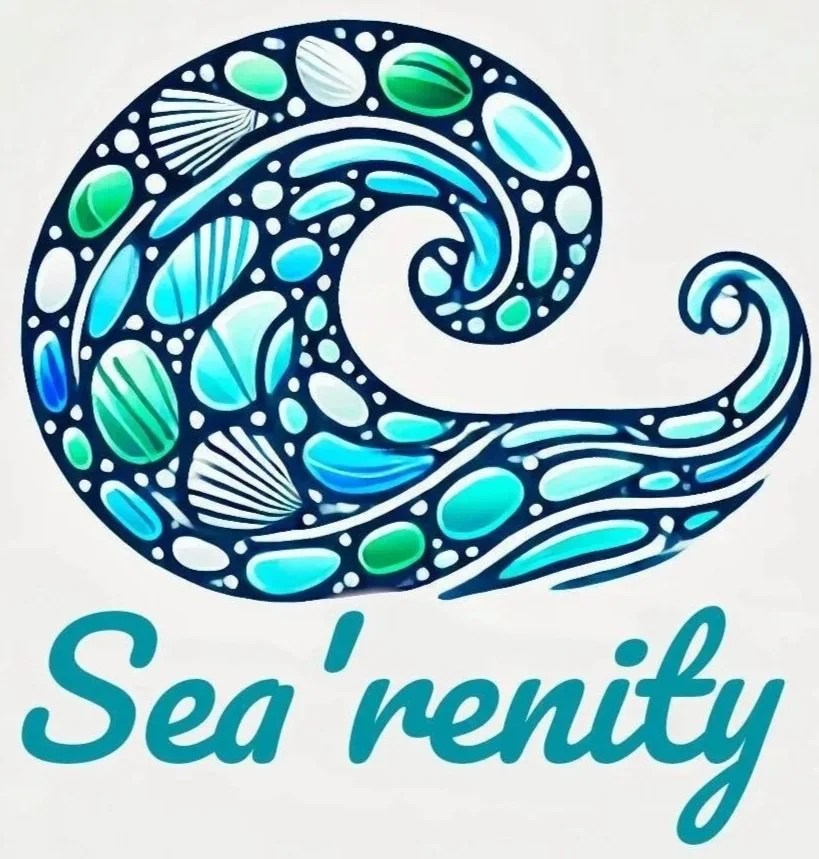 An artistic logo of a stylized wave made of blue, green, and turquoise shells and pebbles with the words "Sea'renity" written below.
