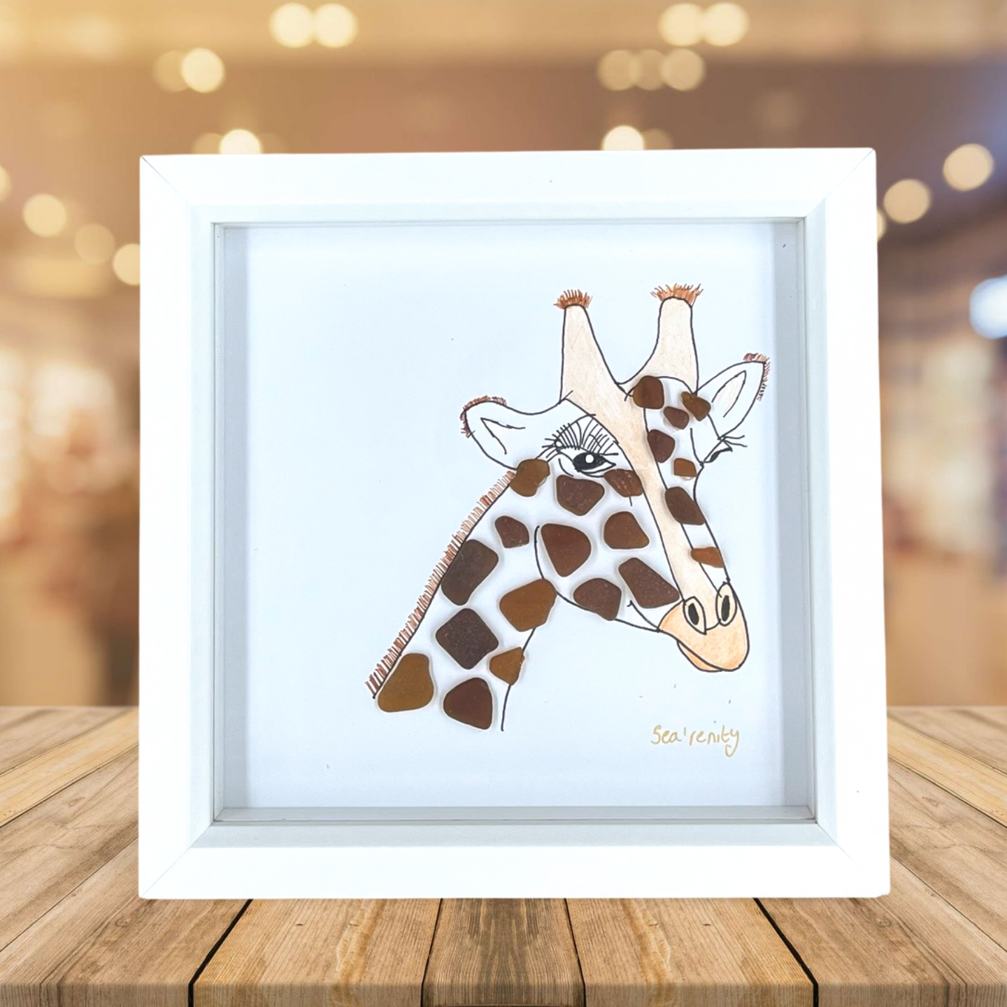 Sea Glass Giraffe Art in White Shadow Box Frame
