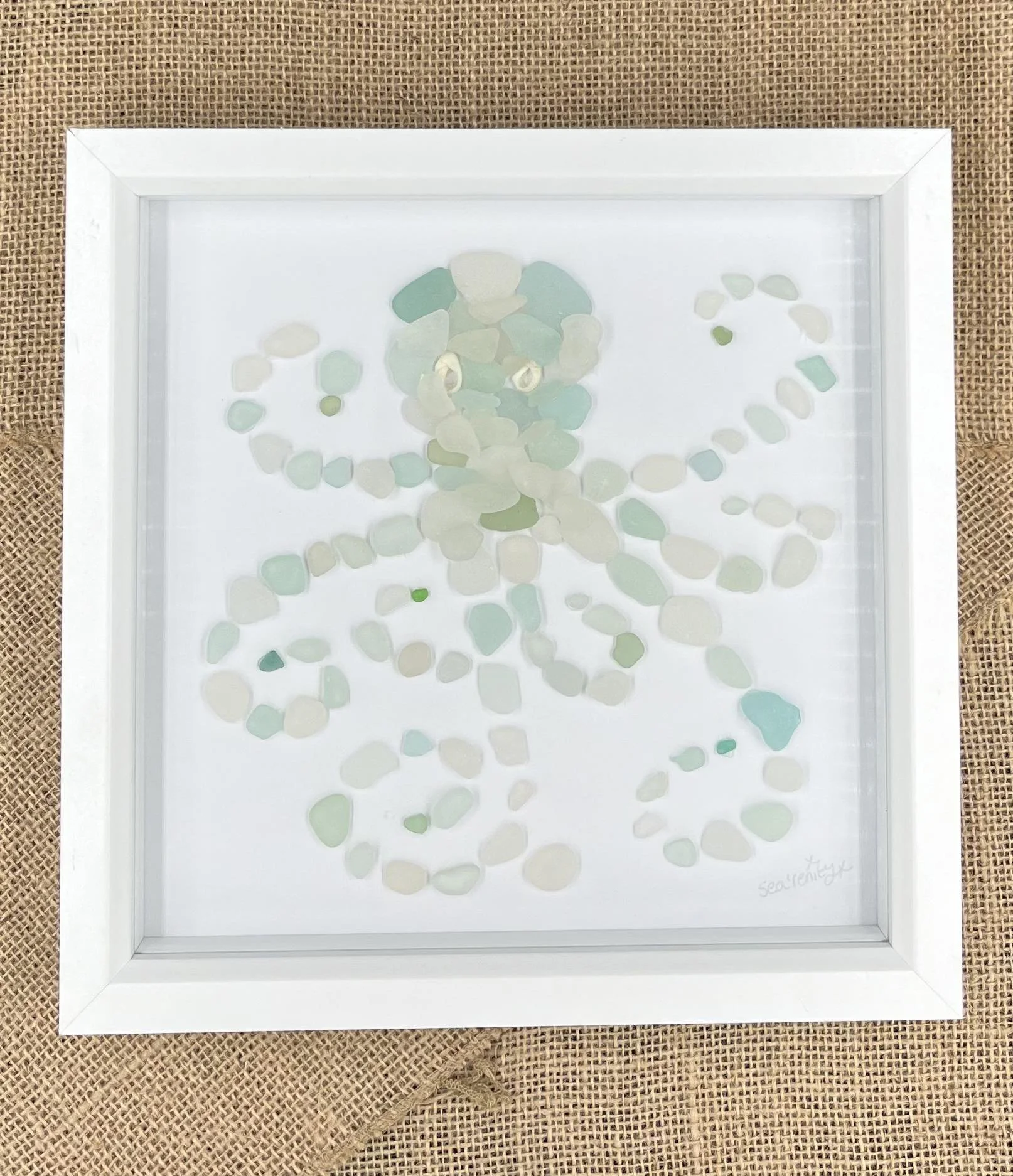 Sea Glass Octopus Art in White Frame