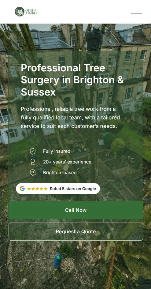 Green Timber Tree Surgery mobile homepage with Google rating, call and quote buttons