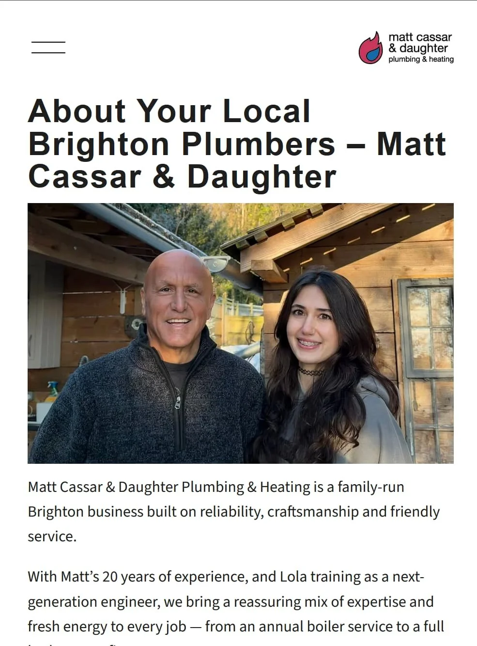About section of Matt Cassar & Daughter Plumbing & Heating website featuring the Brighton family-run plumbing team