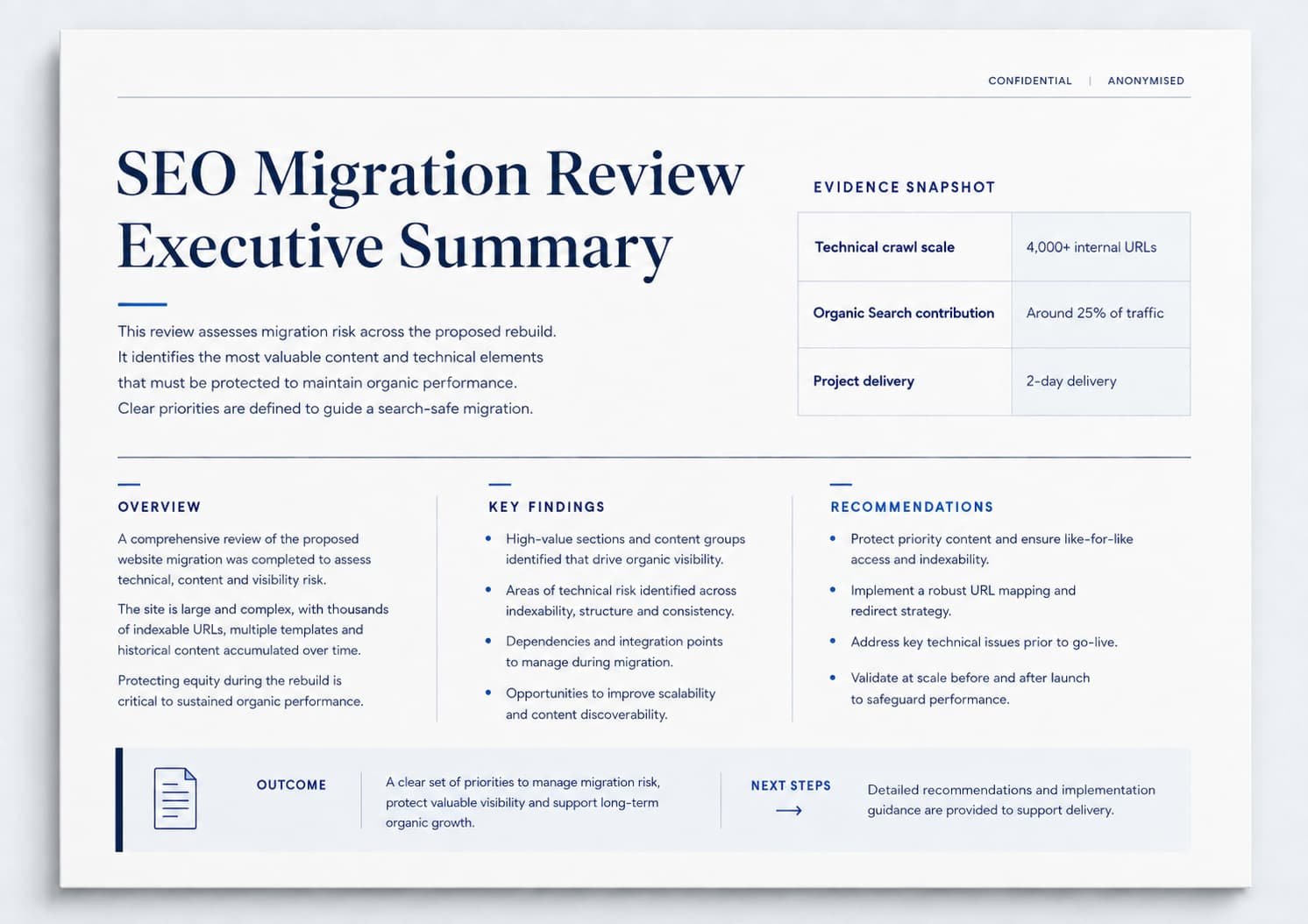 Anonymised SEO migration review executive summary showing website scale, organic traffic contribution and project delivery.