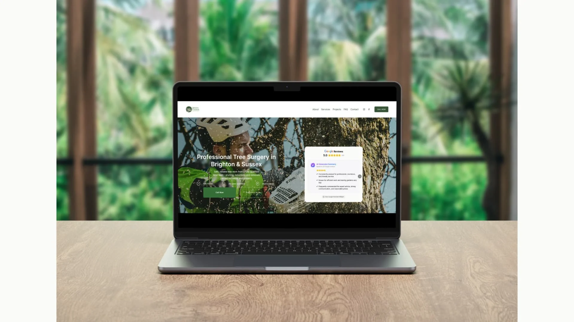 Laptop mockup of the Green Timber Tree Surgery Squarespace website, showing the homepage hero section with local service messaging and review content.