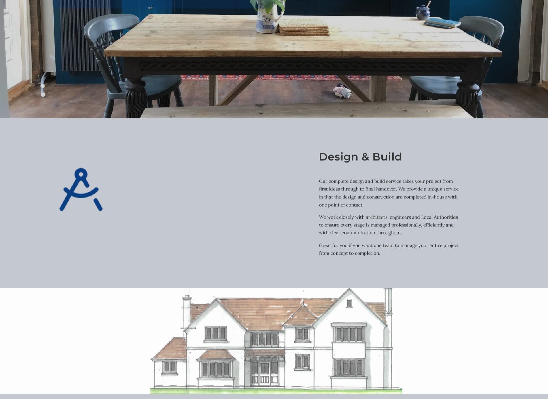 Construction services section showing Design and Build, Extensions and Renovations, and New BuildsBuild