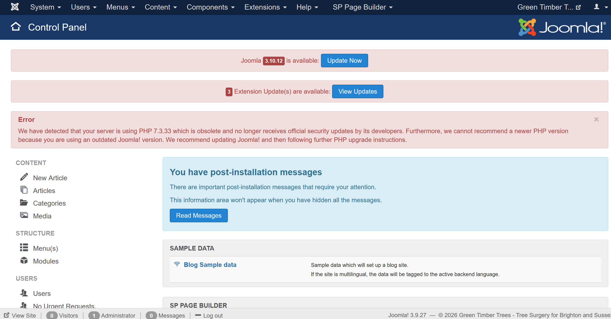 Green Timber Joomla control panel showing outdated Joomla, extension and PHP warnings