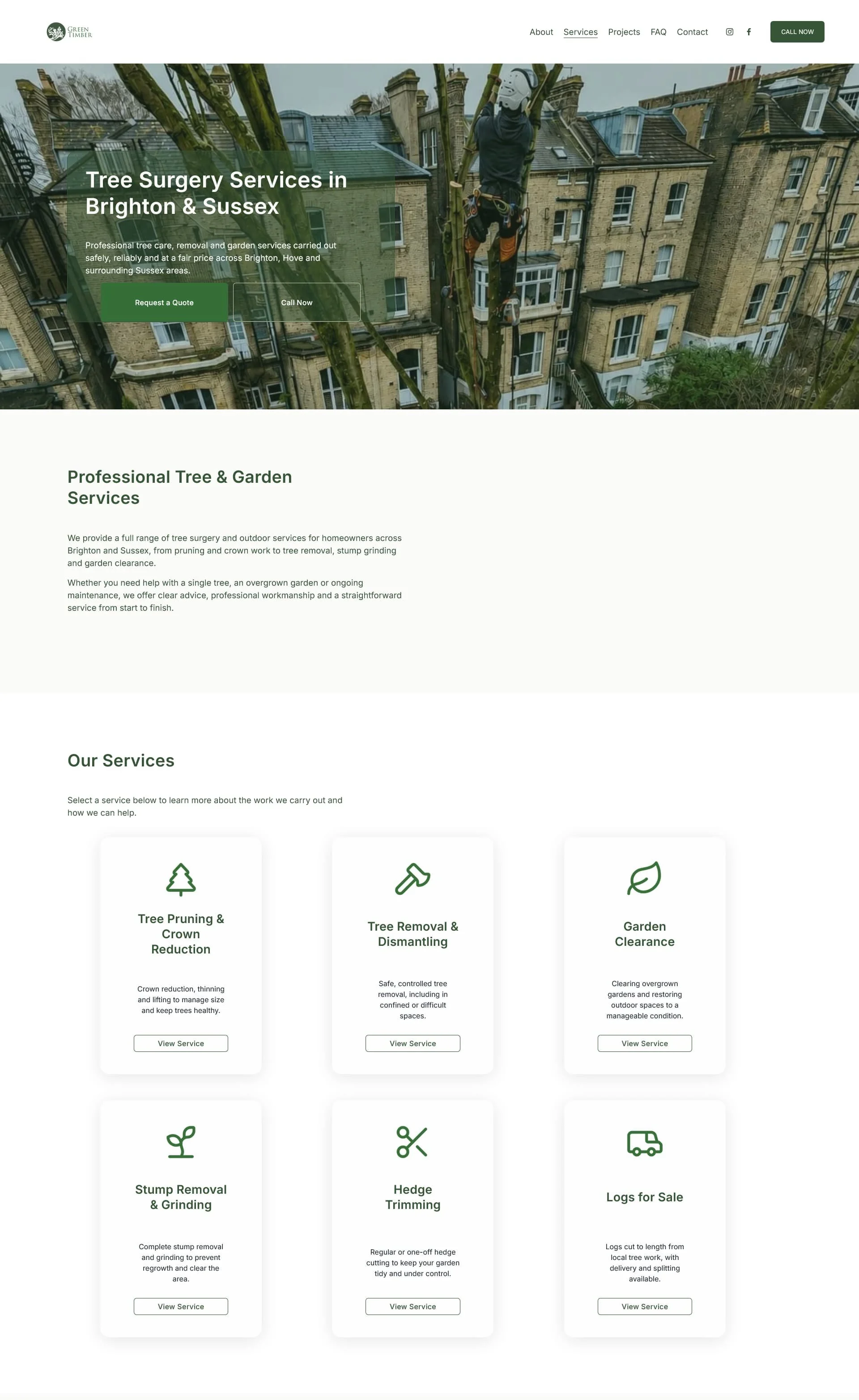 Green Timber Tree Surgery services page showing six service areas