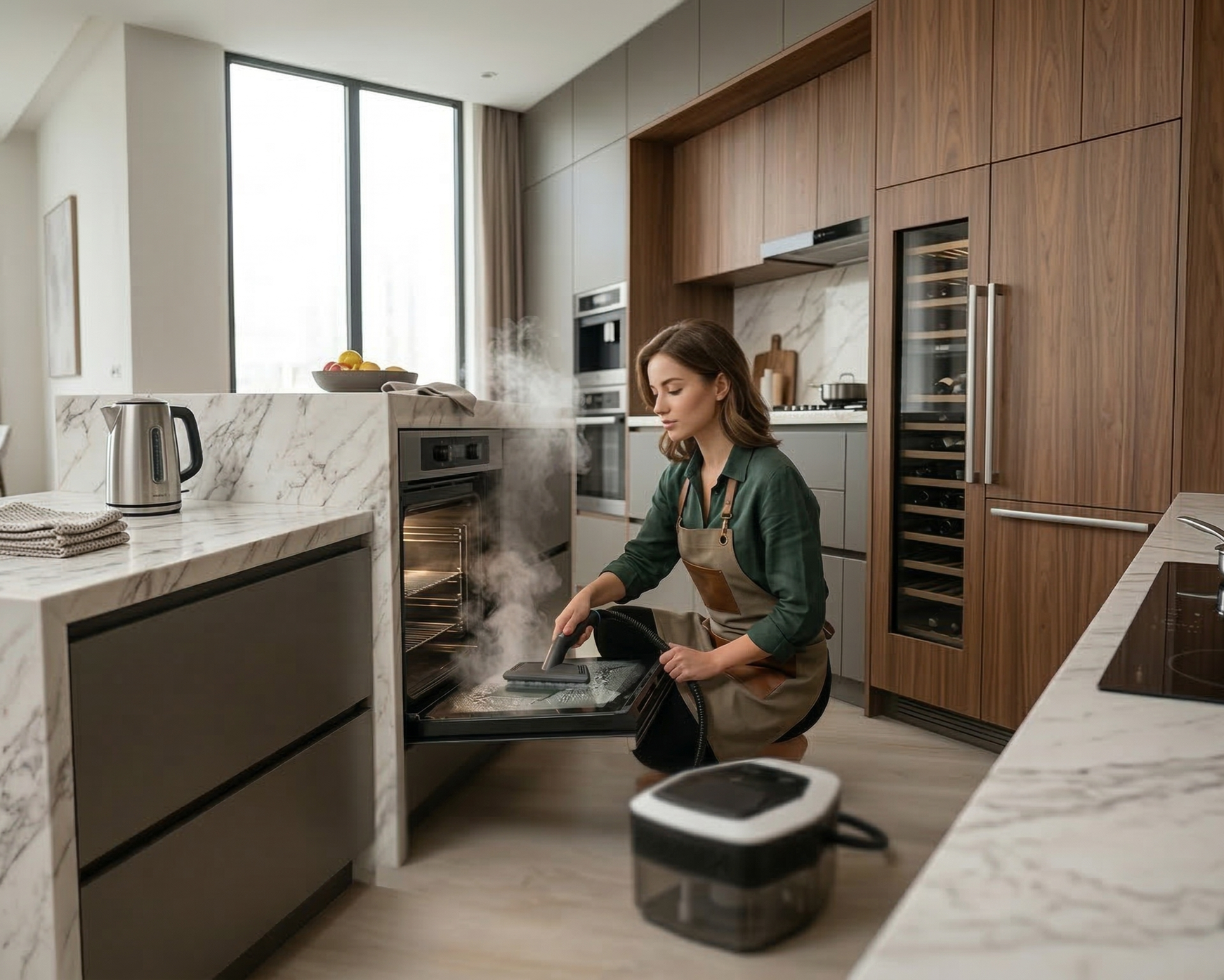 Vrouw die de oven schoonmaakt in een moderne keuken met marmeren werkbladen en houten kasten.