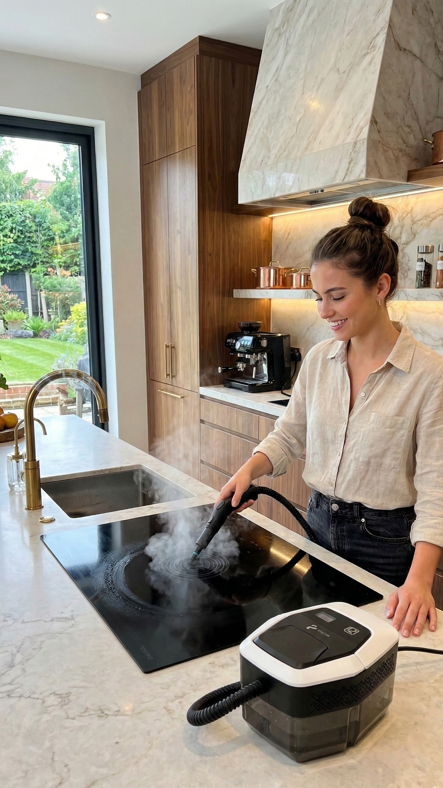 Vrouw die schoonmaakapparaat gebruikt op het fornuis in een moderne keuken.