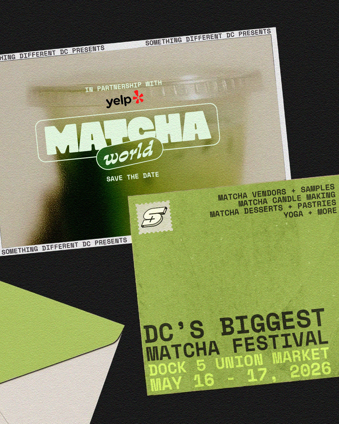 A save-the-date flyer for the Matcha World festival in Washington D.C. on May 16-17, 2026, featuring information about vendors, samples, desserts, pastries, yoga, and more, with partnership details with Yelp.