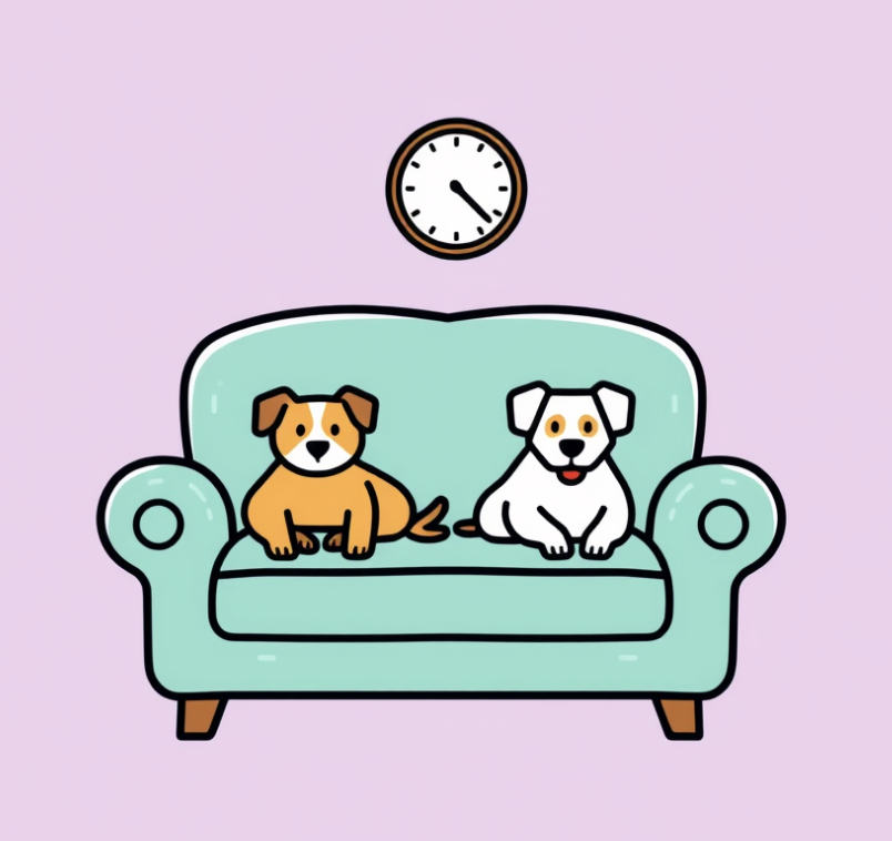 Two dogs sitting on a light blue sofa in a room with purple walls and a clock above them.