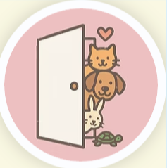 Illustration of a door opening to reveal a cat, dog, bunny, and turtle against a pink background.