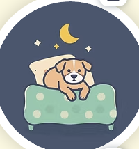 Cute cartoon puppy lying on a bed under a night sky with stars and a crescent moon.