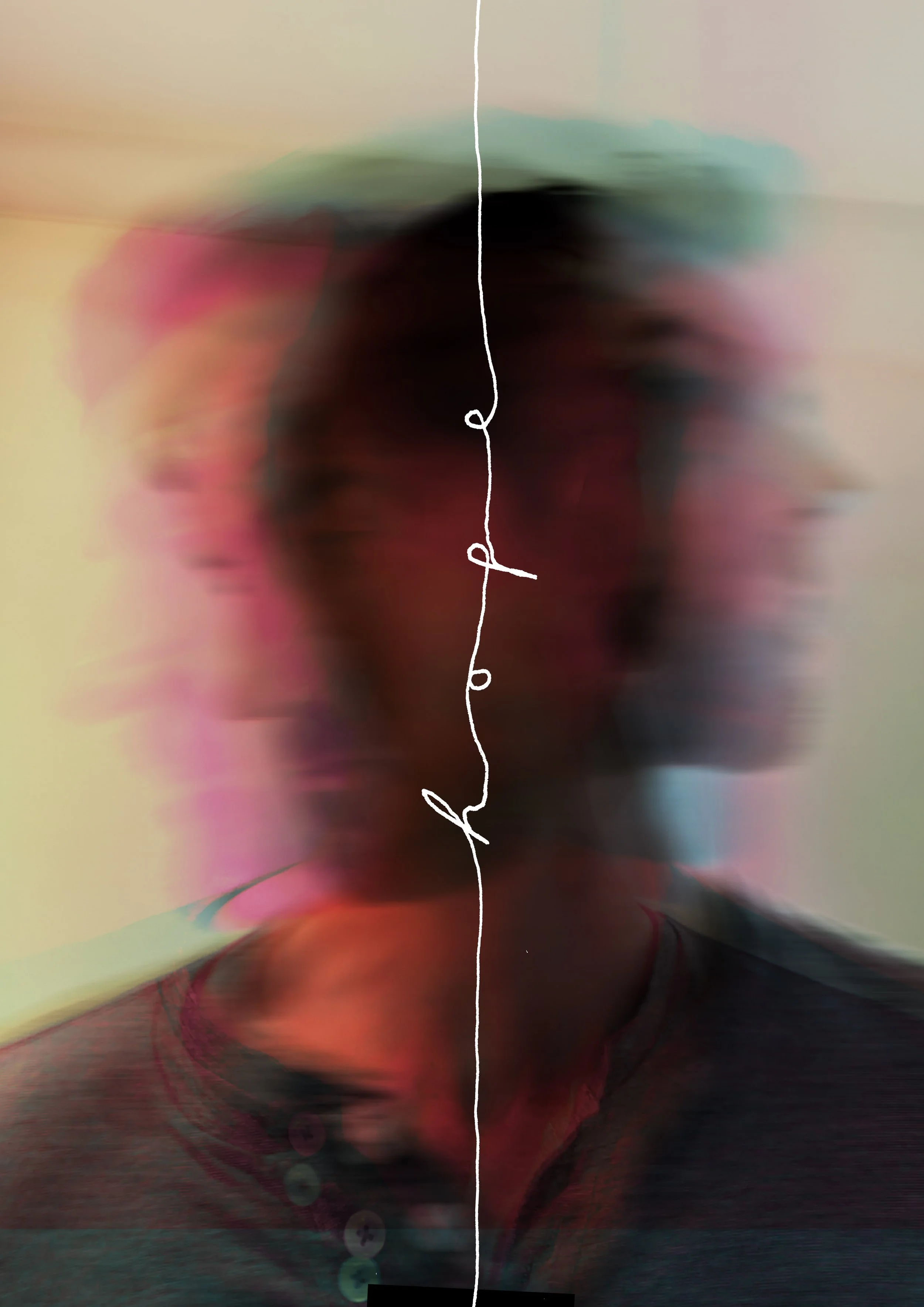 A blurred photo of a person's face with a vertical white doodle line running through the middle, dividing the image.