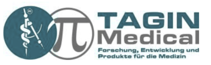 Logo von TAGIN Medical mit medizinischem Symbol, Pi-Zeichen und dem Slogan 'Forschung, Entwicklung und Produkte für die Medizin' in Deutsch.
