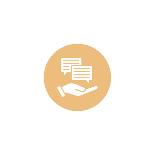 Icon of a hand holding a speech bubble and a chat box inside a beige circle.