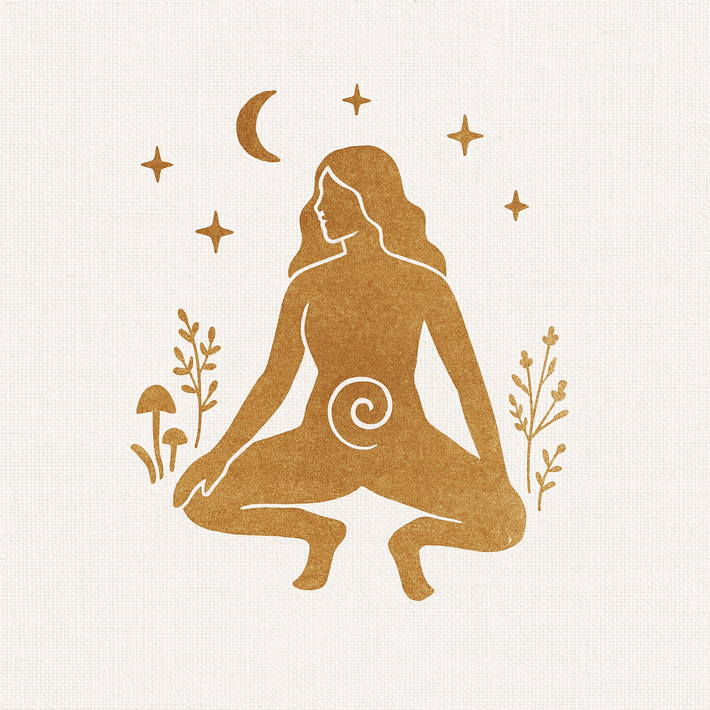 The Embodiment Doula - Logo - Stylized illustration of a woman in a yoga pose, with a spiral symbol on her abdomen, surrounded by stars and plants, with a crescent moon above her head.