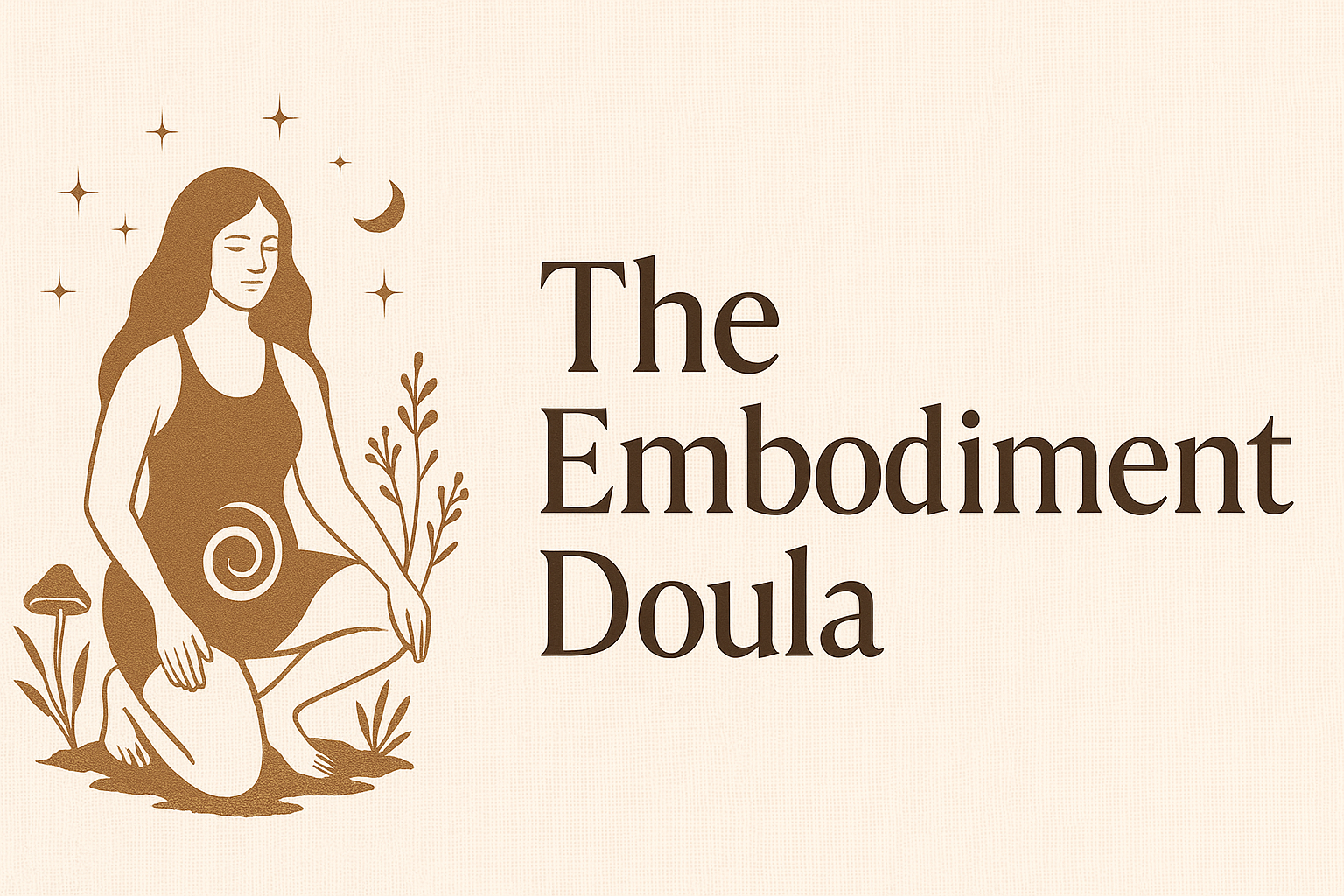 The Embodiment Doula - logo - embodied woman with herbs and spiral at here womb.