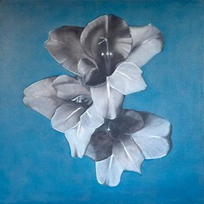 A grayscale painting or photograph of a flower with a blue background.