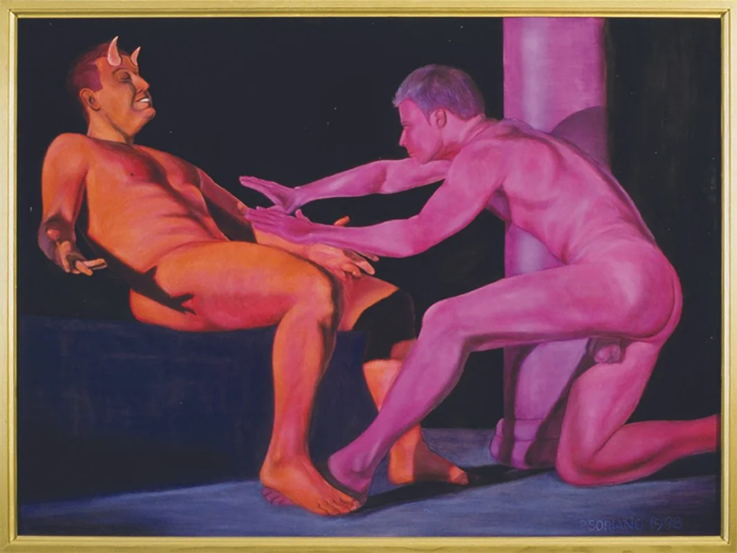 A painting of two nude men, one with devil horns, in a provocative scene with one man sitting on a sofa and the other man on his knees reaching toward him.
