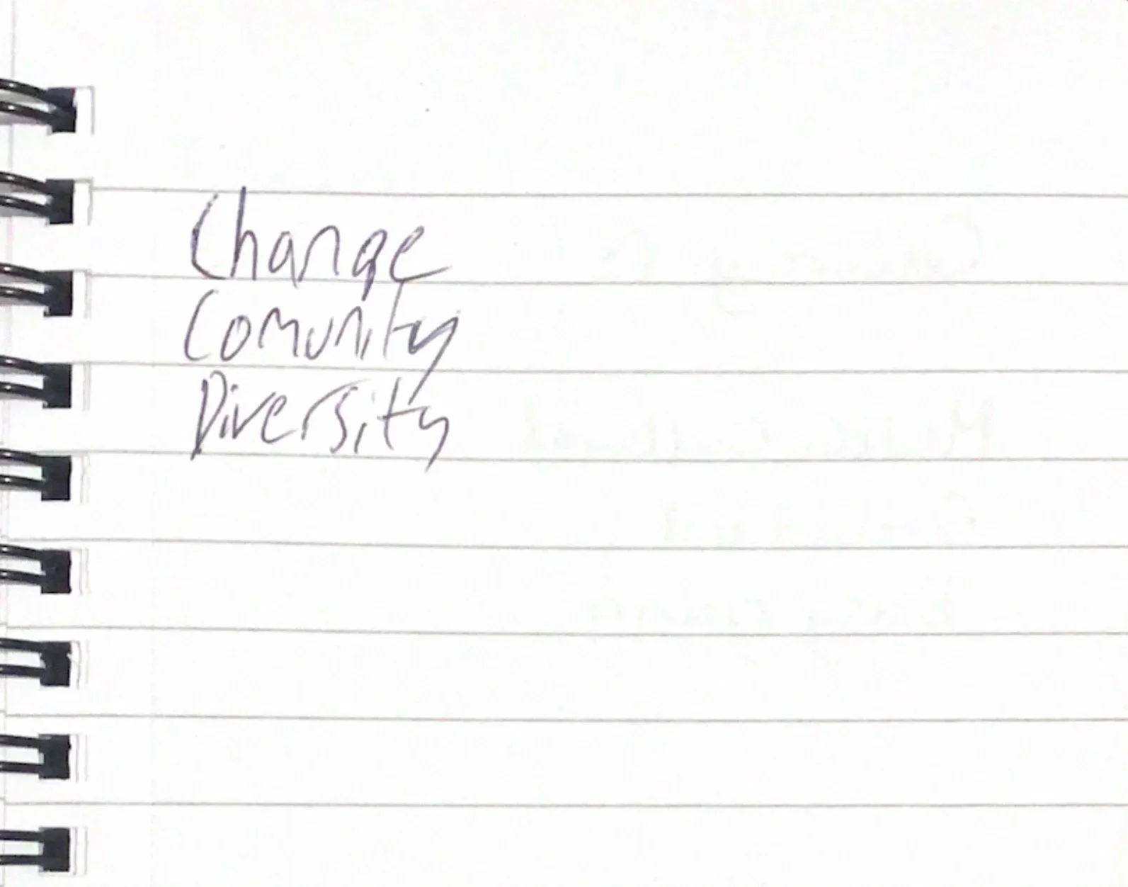a scan of a notebook I took around Southwark, I asked residents to write three words that first come to mind when they think about the area and this one reads 'change, community, diversity'