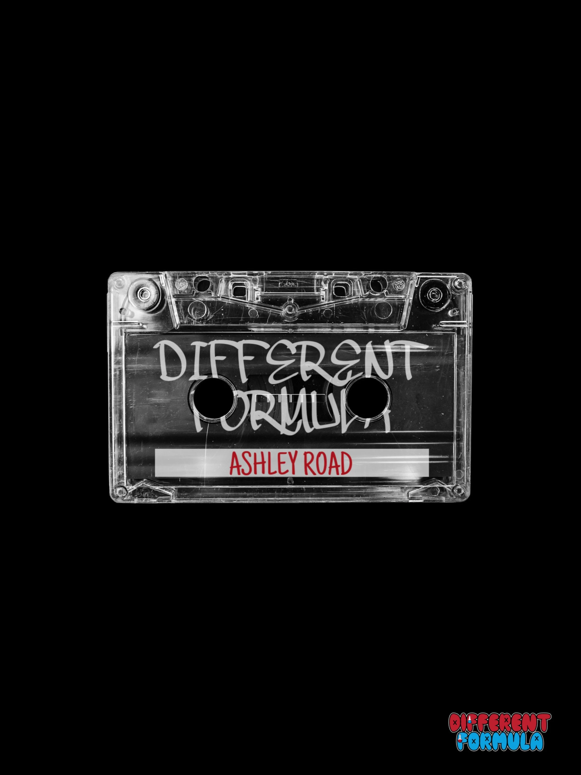 Clear music tape with 'different formula' written on it digitally in cursive bold writing. Below it is the writing 'Ashley road' which is the name of the single
