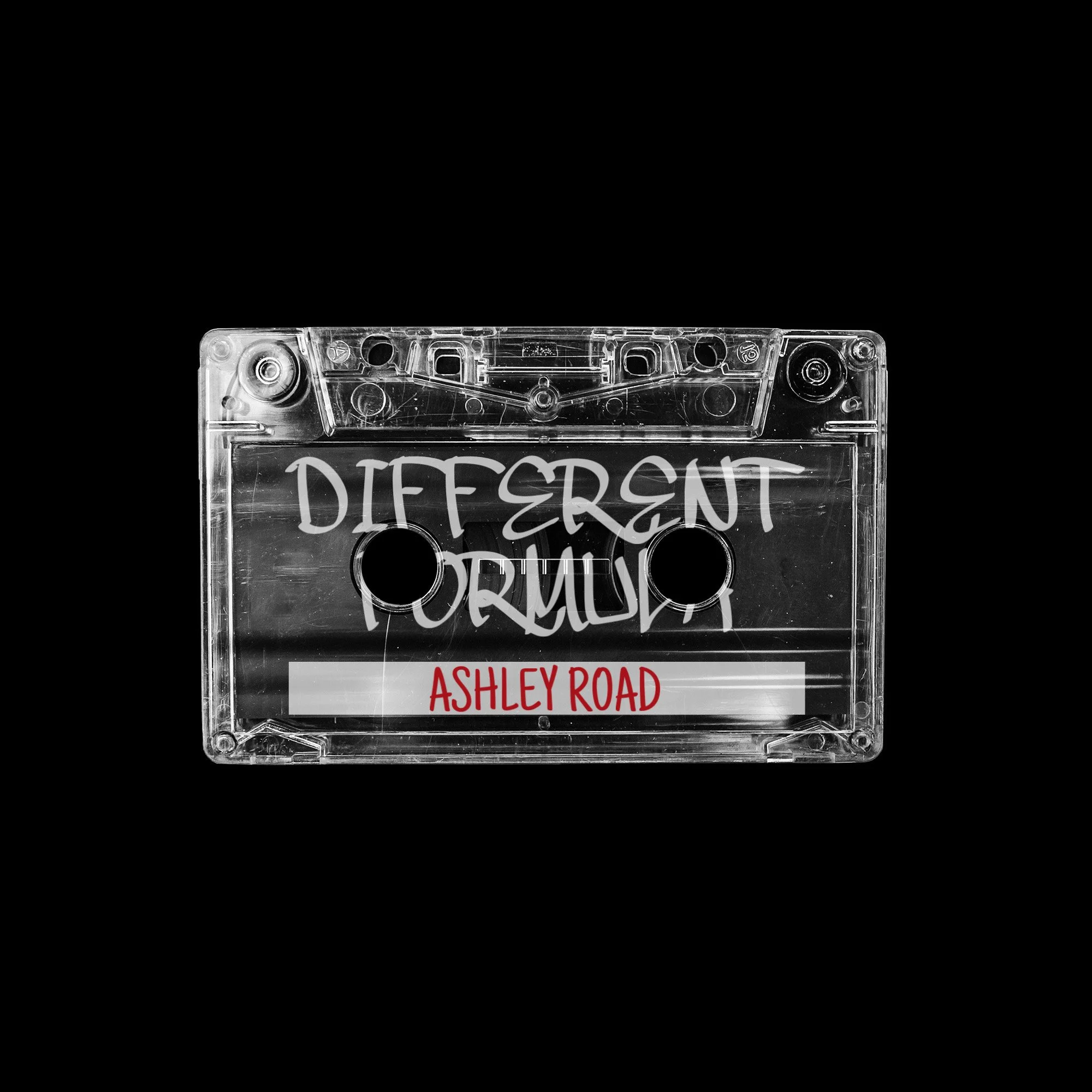 clear music tape with 'different formula' written on it digitally, below it is written 'Ashley road' which is the name of the single