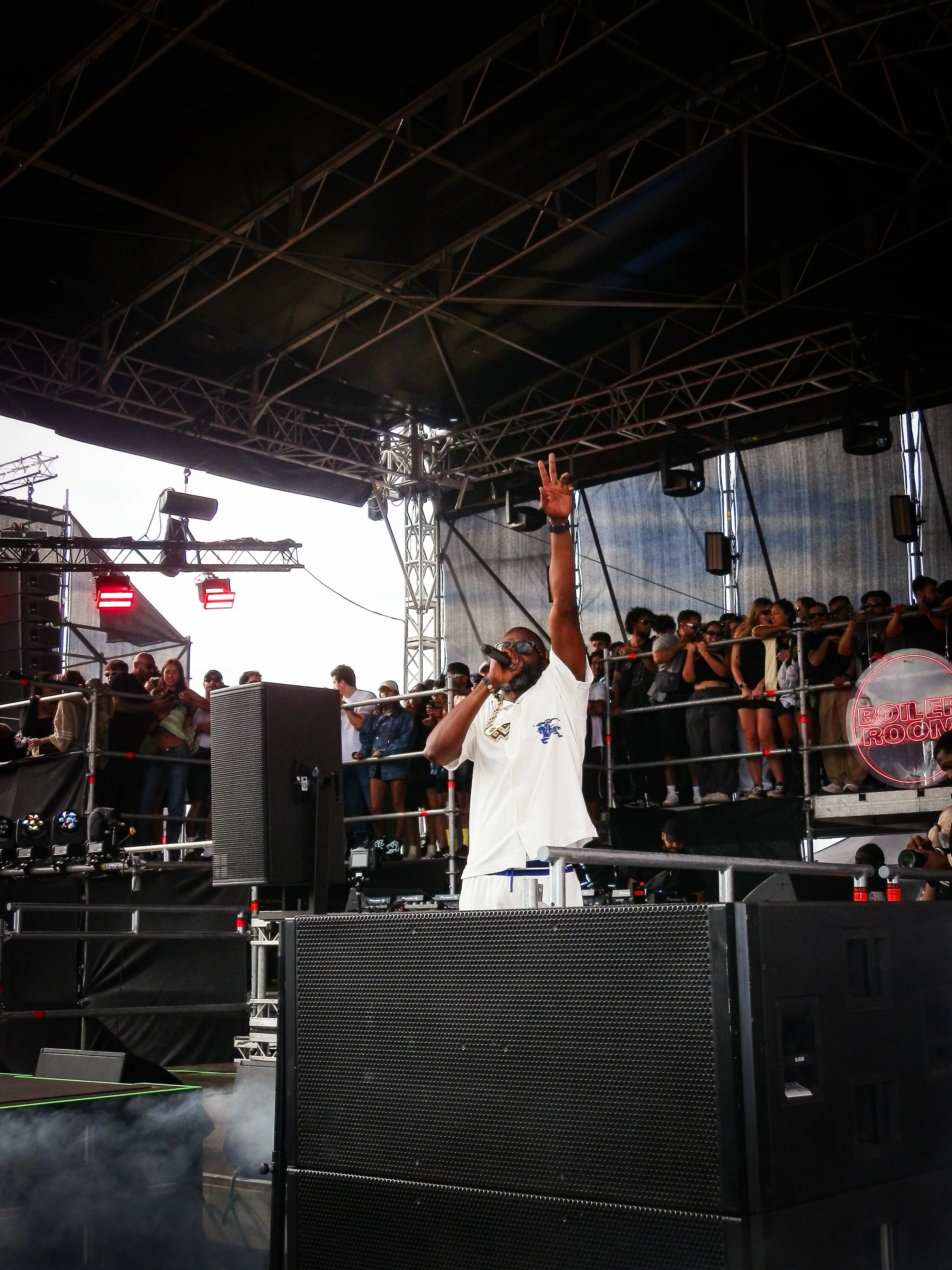 flowdan mcing on stage at boiler room festival in London 