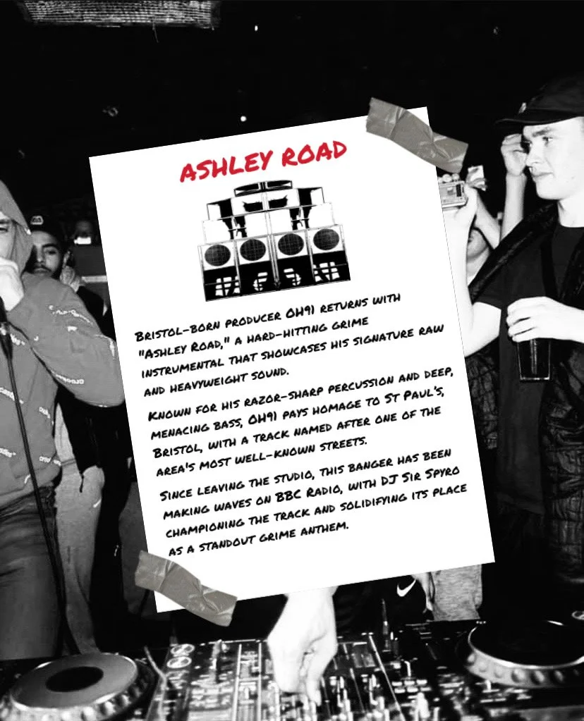 a black and white background image of a rave, with a white page layered over the top with speaker rig artwork and caption about the song release which is below