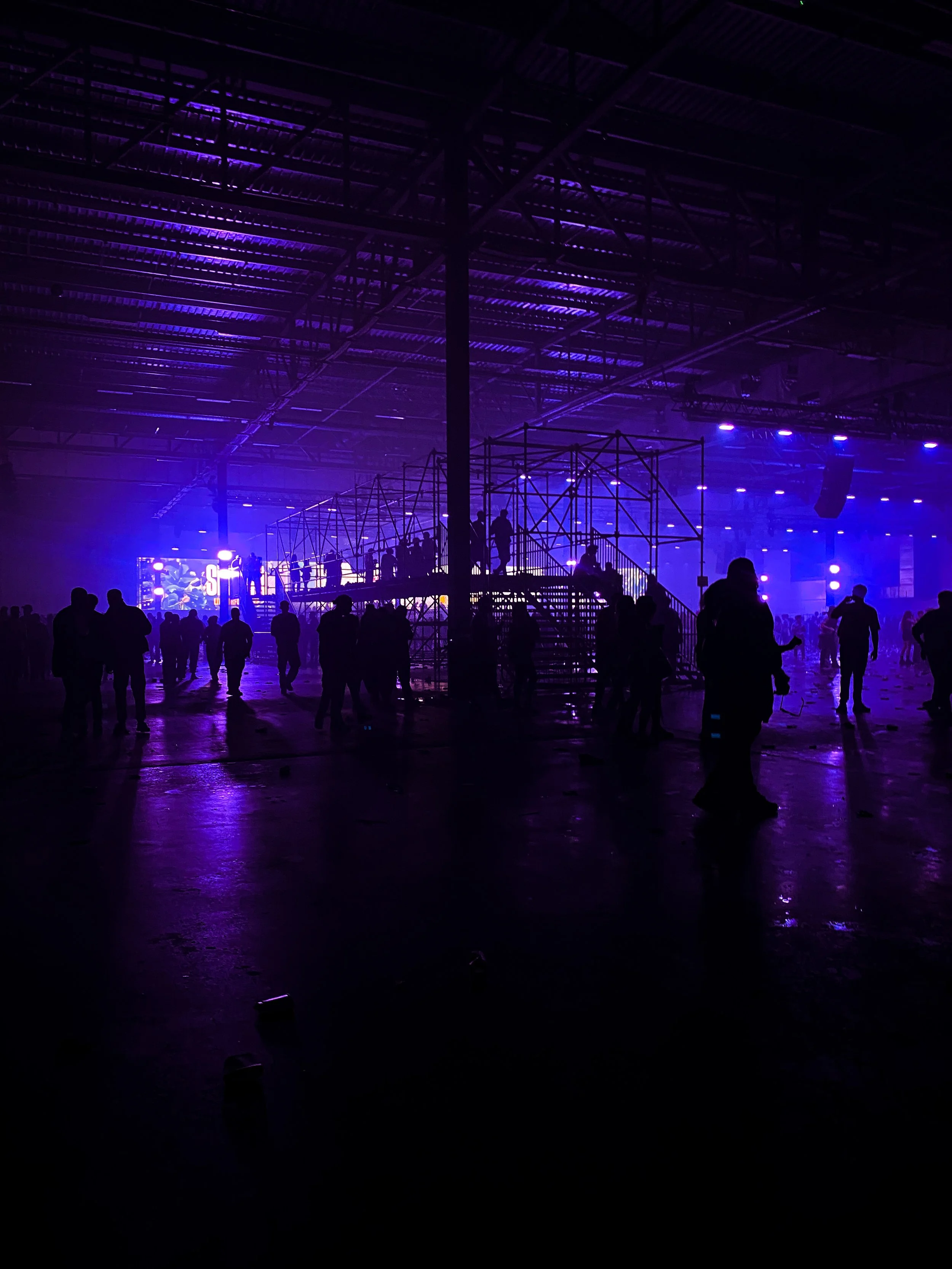 purple toned photo of the back of a crowd at skepta's and jammer's mas tiempo drumsheds take over