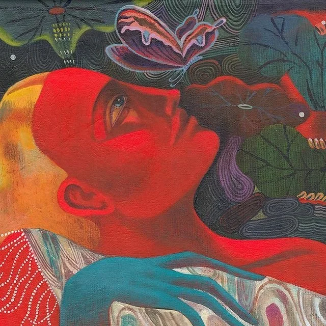A colorful abstract painting of a person lying down with a red face, yellow hair, and surrounded by vibrant, patterned shapes and natural elements like leaves and a butterfly.