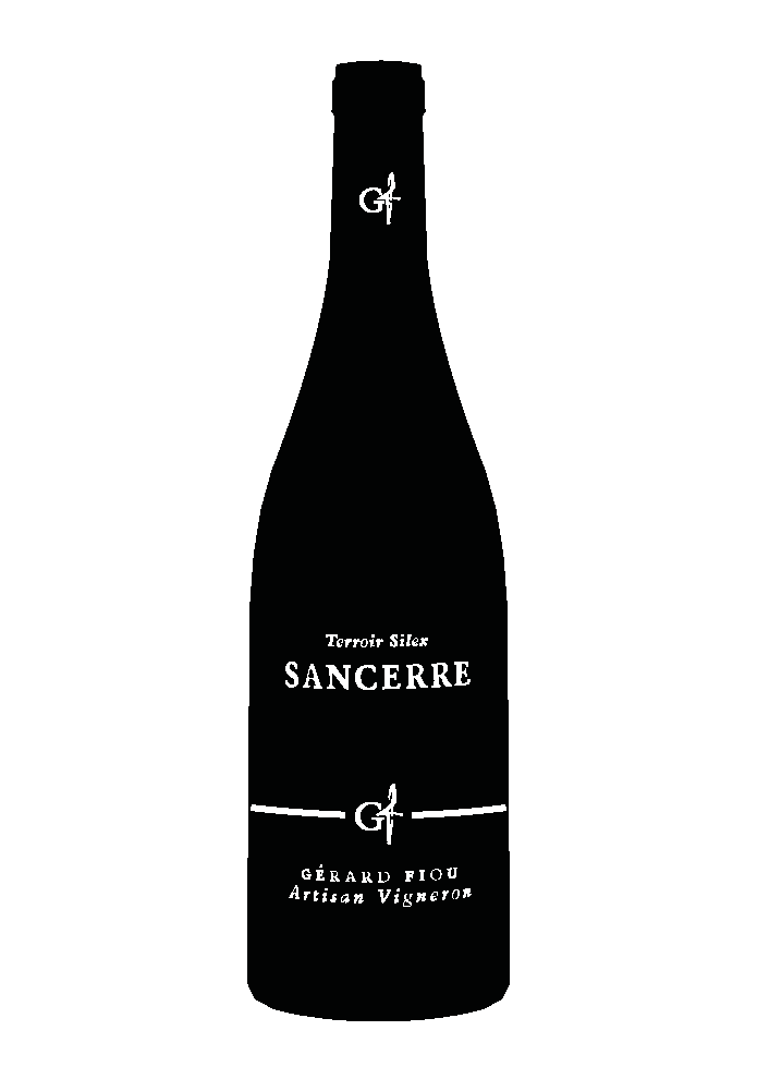 Étiquette de bouteille de vin avec texte blanc sur fond noir, indiquant Sancerre, terroir silex, Gérard Fiou, artisan vigneron.