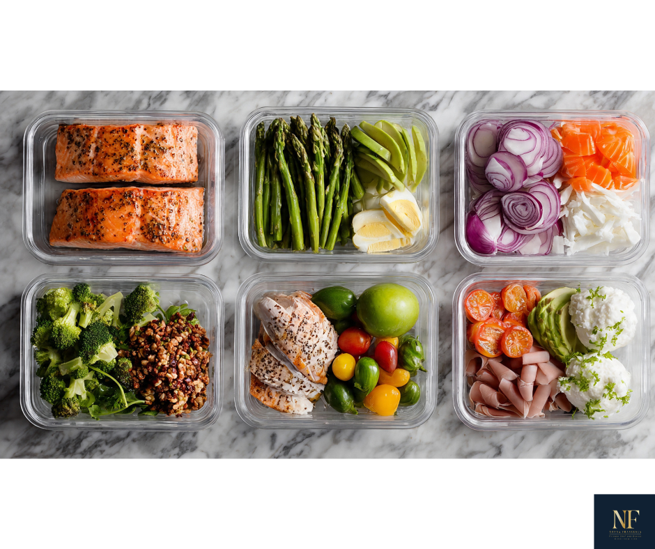 Six glass meal prep containers on a marble surface filled with salmon fillets, asparagus and lemon slices, sliced onions and carrots, broccoli and grain salad, grilled chicken with cherry tomatoes and limes, and lettuce with cherry tomatoes, ham, and cauliflower.