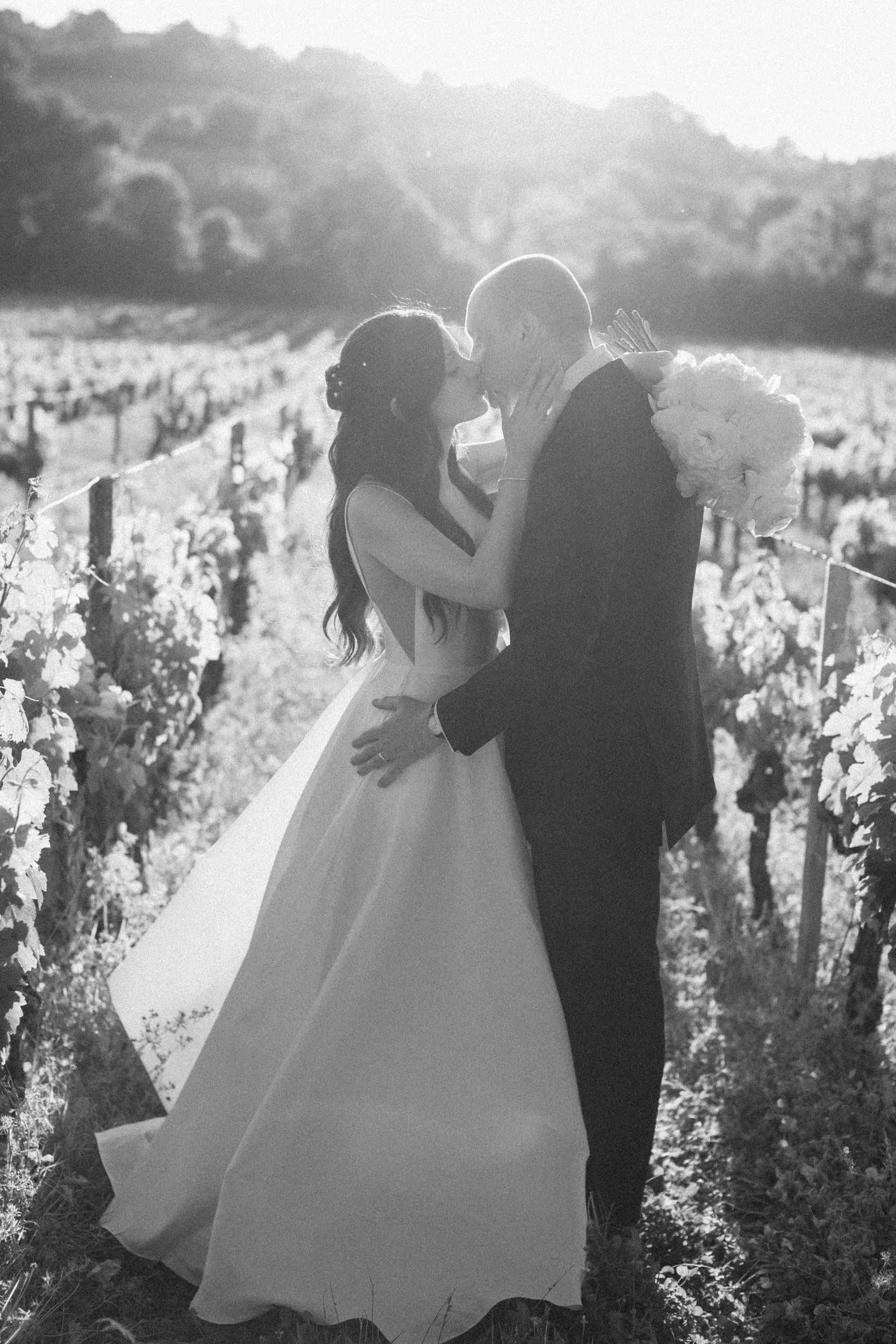 A bride and groom in wedding attire sharing a kiss in a vineyard with rows of grapevines and hills in the background, during sunset.