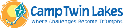Camp Twin Lakes logo with a sun, kite, and water, and the tagline 'Where Challenges Become Triumphs'.