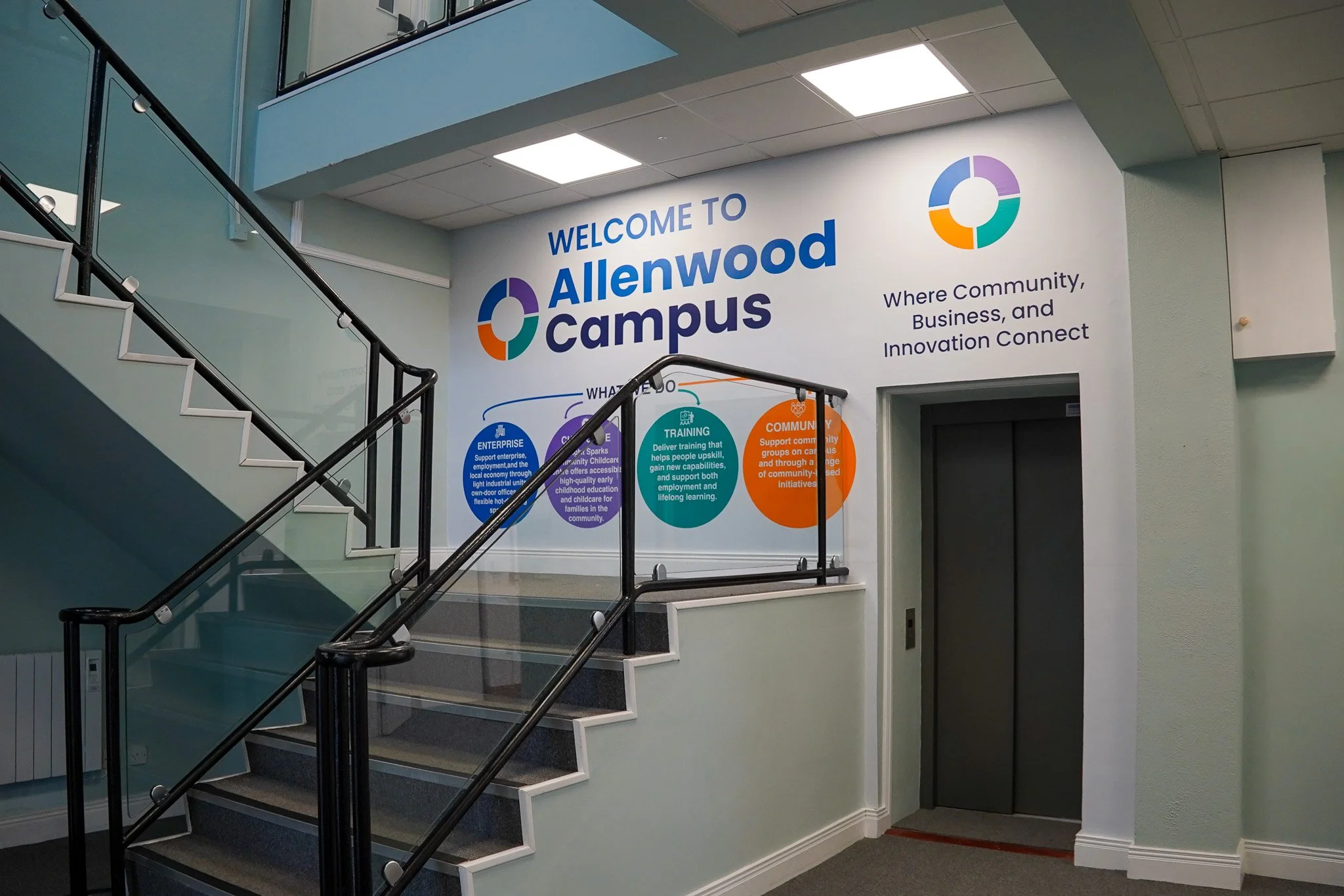 Interior of Allenwood Campus with a staircase, elevator, and welcoming sign on the wall.