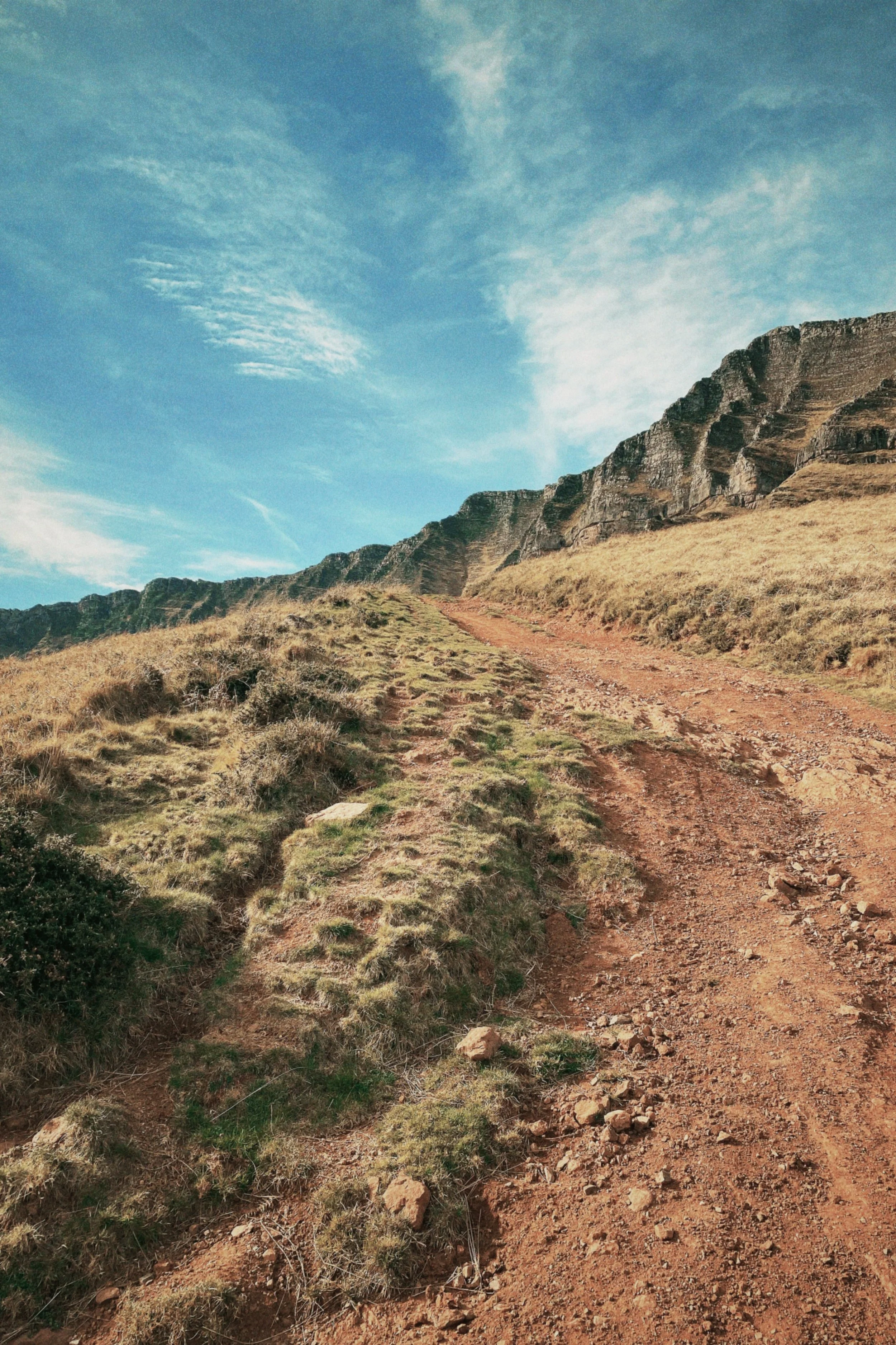 Chemin de terre rocailleux montant vers une colline, avec un paysage de montagnes et un ciel bleu avec quelques nuages. Randonnée Crêtes d'Iparla, pays basque À KŒUR OUVERT